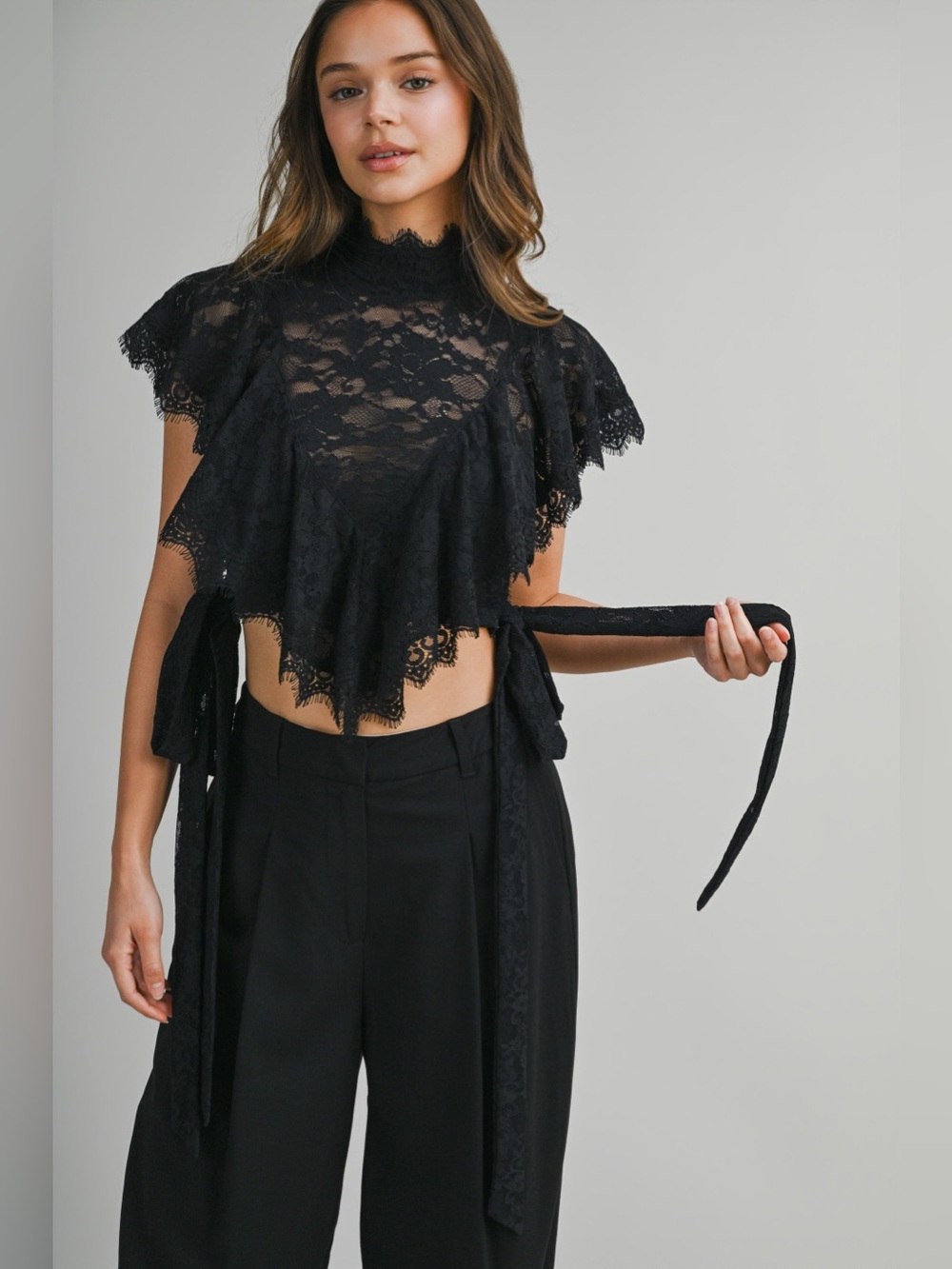 Catherine Ruffled Lace Black Crop Top - Picture 7 of 12